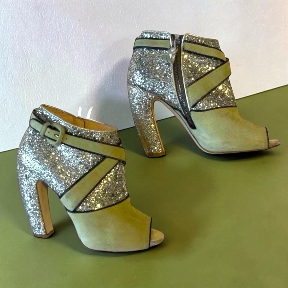Miu Miu Glitter Peep Toe Ankle Booties Green Suede Silver Heels EU 37.5 Italy